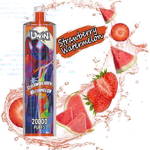 Promotional image showcasing a flavored vape with a bold, colorful design featuring strawberries and watermelon slices against a liquid splash background, indicating 20,000 puffs and Strawberry Watermelon flavor.