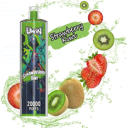 Promotional image of a strawberry kiwi-flavored vaping device labeled 'Uwin,' featuring 20,000 puffs capacity, alongside fresh strawberries and kiwis splashing in liquid.