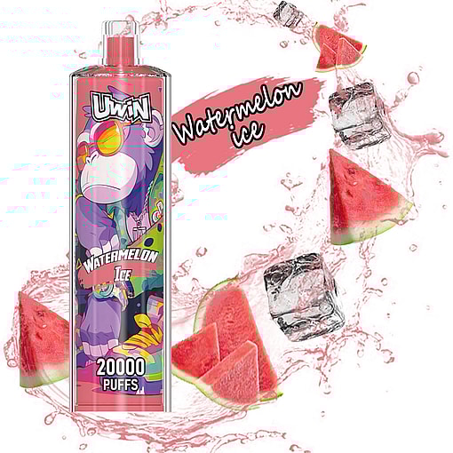 Promotional image for a vape product featuring a cartoon monkey design labeled 'Watermelon Ice' with colorful branding and depictions of watermelon slices and ice cubes alongside a splash effect, indicating a watermelon ice flavor with 20,000 puffs.