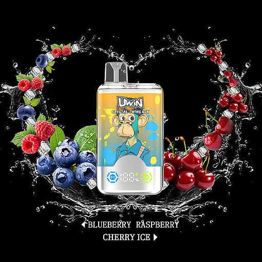 Promotional image featuring a Uwin Crystal Twins 40K vape with a colorful ape graphic on its body, surrounded by water splashes and an assortment of fruits including blueberries, raspberries, and cherries, with the flavors 'Blueberry Raspberry Cherry Ice' indicated below.
