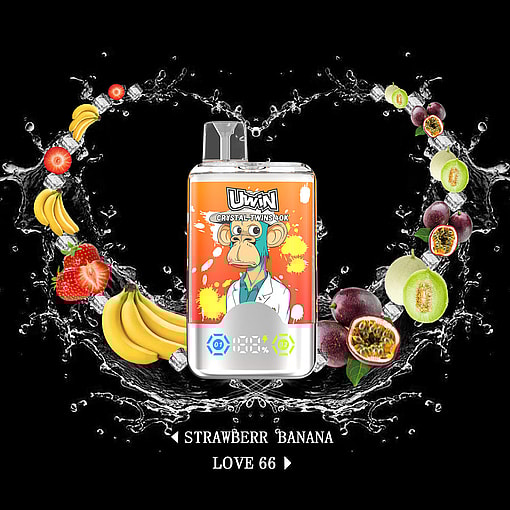 A colorful vape device featuring a cartoon monkey in a lab coat on an orange background, surrounded by fruit illustrations of bananas, strawberries, melons, and passion fruits with water splash effects on a black backdrop.