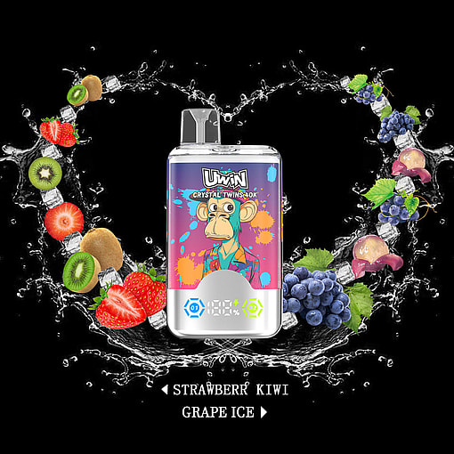 A vibrant UWIN Crystal Twins vape device featuring a cartoon monkey design, surrounded by splashing water, ice cubes, and colorful fruits such as strawberries, kiwis, grapes, and lychee against a black background.