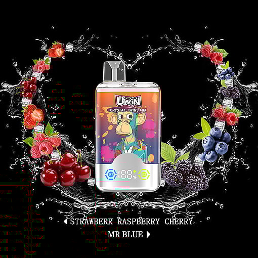 A vaping device labeled 'UWin Crystal Twins 40K' featuring art of an anthropomorphic monkey surrounded by splashes of water and an assortment of fruits like strawberries, cherries, and berries, over a dark background.