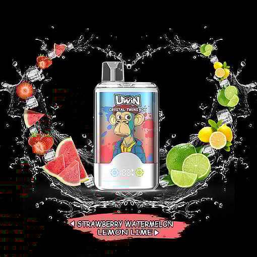 Promotional image of a UWIN Crystal Twins disposable vape featuring strawberry, watermelon, lemon, and lime illustrations on a black background.