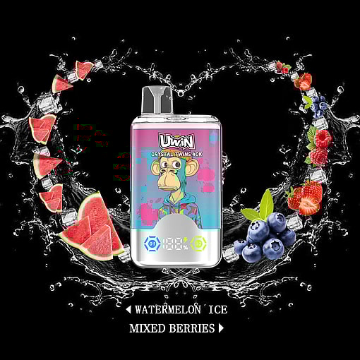 A colorful e-cigarette design featuring a cartoon monkey wearing a hoodie and surrounded by imagery of watermelon slices, berries, and ice on a black background, with text indicating flavors as Watermelon Ice and Mixed Berries.