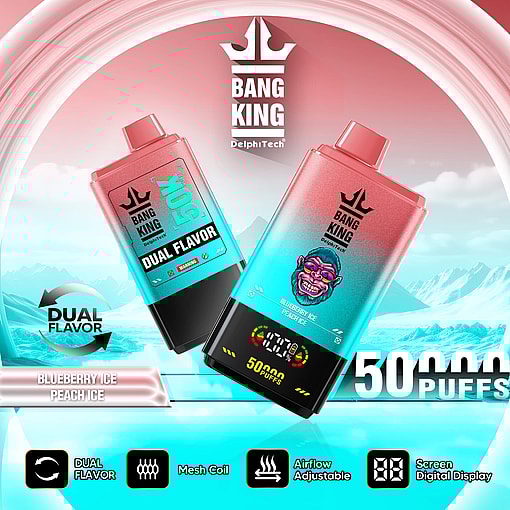 Promotional image for Bang King vaping device featuring dual flavor options, Blueberry Ice and Peach Ice, highlighting a maximum of 50,000 puffs, mesh coil technology, adjustable airflow, and a screen for digital display.