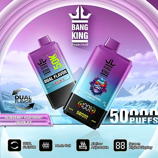 Promotional image of Bang King vapes showcasing dual flavor options, Blueberry Raspberry and Grape Ice, with features highlighted such as mesh coil, adjustable airflow, screen display, and 50,000 puffs capacity, set against a snowy mountain backdrop.