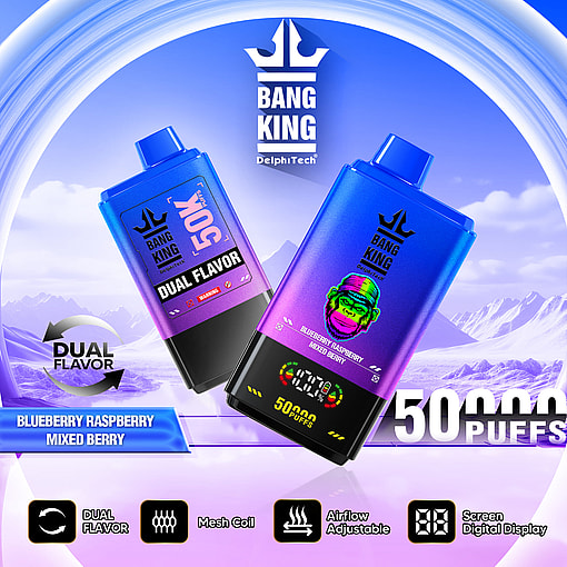Promotional graphic showcasing Bang King dual-flavor disposable vape devices with blueberry raspberry and mixed berry flavors, featuring 50,000 puffs, mesh coils, adjustable airflow, and digital display, set against a stylized mountainous background.