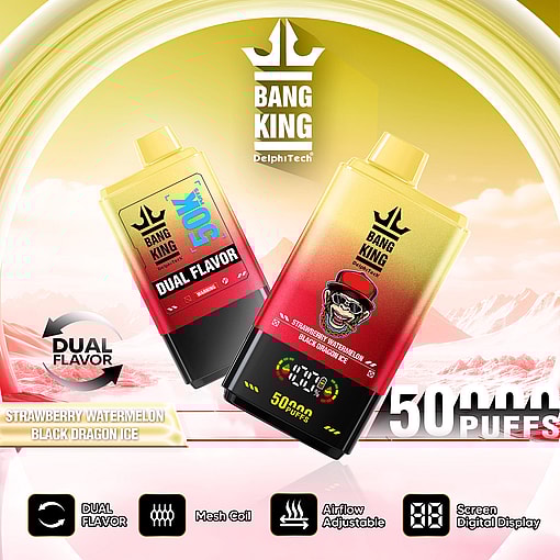 Promotional image featuring Bang King vape devices with vibrant packaging displaying dual flavors: Strawberry Watermelon and Black Dragon Ice, along with product features such as mesh coil, adjustable airflow, screen digital display, and 50,000 puffs capability.