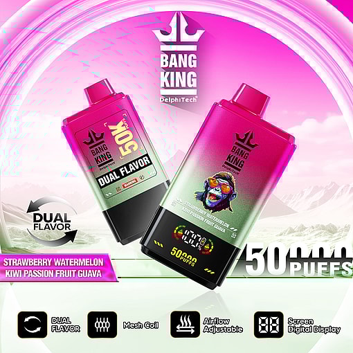 Promotional image featuring two Bang King e-liquid devices displaying dual flavor options of Strawberry Watermelon and Kiwi Passion Fruit Guava, with the tagline '50,000 Puffs' and highlighting features like mesh coil, adjustable airflow, and digital screen display.
