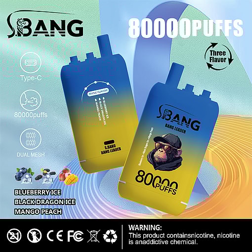 Advertisement for S.Bang Bang Leader vape product featuring two devices, highlighting its 80,000 puff capacity, Type-C charging, dual mesh technology, and triple flavors including Blueberry Ice and Mango Peach, with a warning about nicotine content.