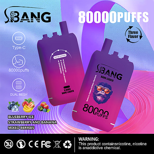 Promotional display of Sbang electronic vaping devices in vibrant purple and pink hues, highlighting 80,000 puffs capacity and triple flavor availability including Blueberry Ice, Strawberry and Banana, and Mixed Berries, with a warning regarding nicotine content visible at the bottom.