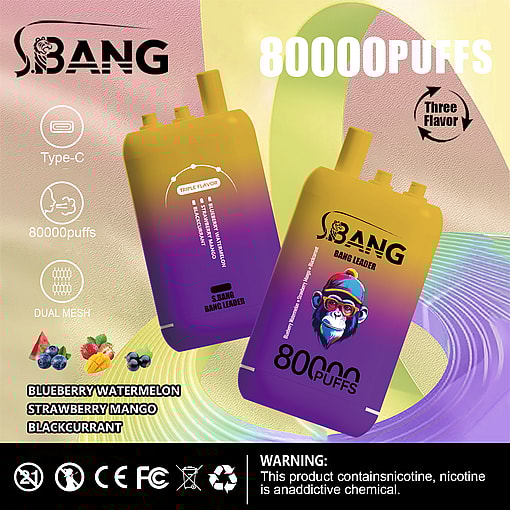 Promotional image featuring the S.BANG Bang Leader vaping device advertising 80,000 puffs, triple flavor options including blueberry watermelon, strawberry mango, and blackcurrant, Type-C charging, dual mesh technology, and regulatory compliance icons, with a warning about nicotine content.