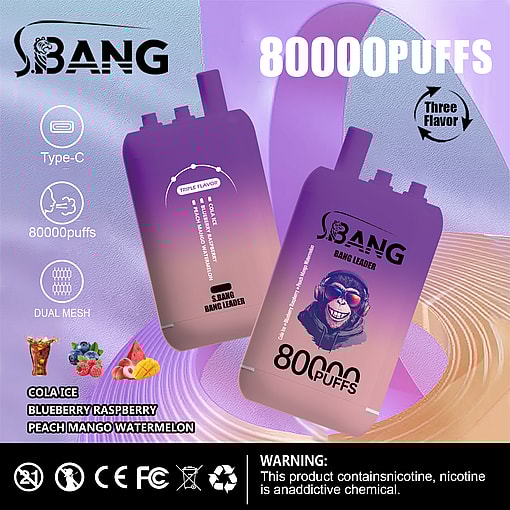 Promotional image showcasing two vape devices, labeled 'Sbang Bang Leader' with 80000 puffs capacity, featuring cola ice, blueberry raspberry, and peach mango watermelon flavors on a gradient background, alongside warnings and certifications.