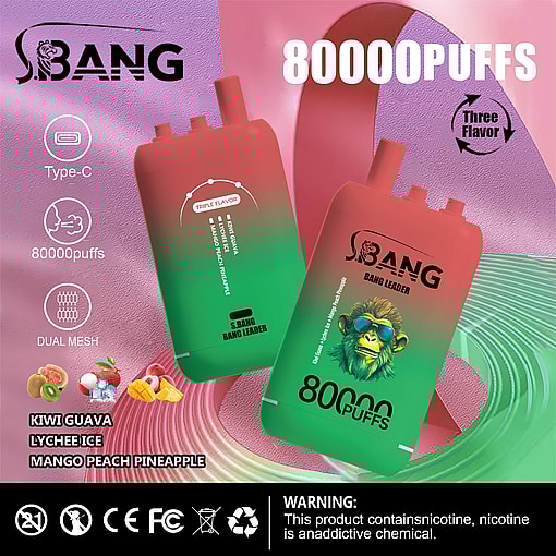 Promotional image showcasing S.Bang brand disposable vape devices with 80,000 puff capacity, featuring triple fruit flavors, Type-C charging, and dual mesh technology, set against a colorful abstract background.