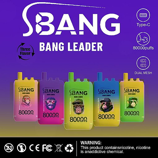 Promotional display for SBang Bang Leader brand disposable vape featuring various colorful designs and a note indicating '80000 puffs' alongside warnings about nicotine usage and recycling icons.