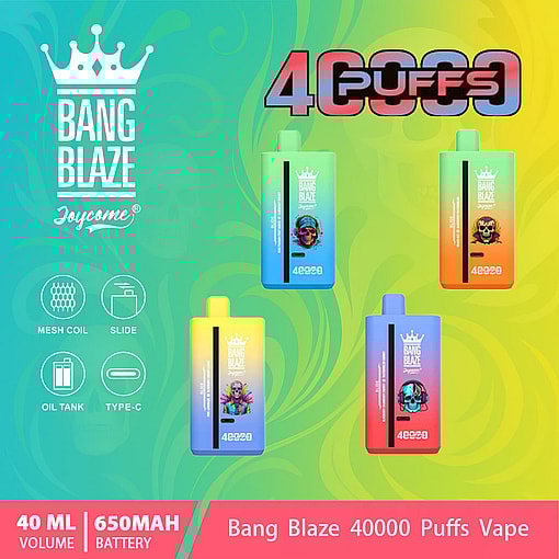 Promotional image featuring vibrant Bang Blaze vape devices with 40,000 puff capacity, 650mAh battery, and mesh coil technology, displayed against a colorful gradient background.