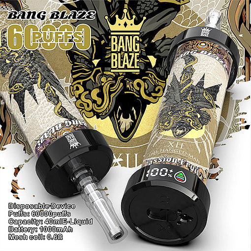 Promotional image for the Bang Blaze disposable vape device featuring ornate gold and black designs, specifications such as 60,000 puffs, 40ml E-liquid capacity, and a focus on Passionfruit flavor.