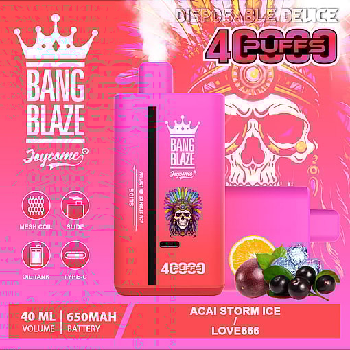 Promotional image showcasing the Bang Blaze Joycome disposable vaping device in pink color with branding elements, features 40ml volume, 650mAh battery, and flavor information (Acai Storm Ice).