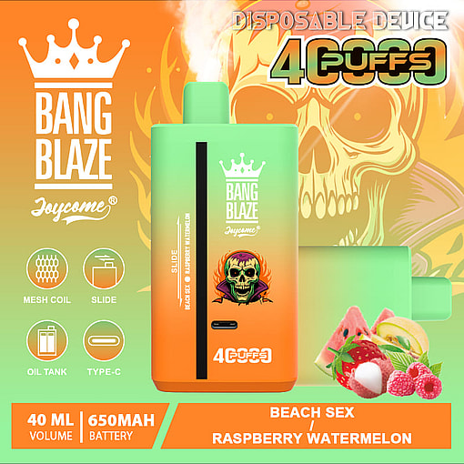 Promotional image for Bang Blaze disposable vaping device with a crown logo, featuring the flavors Beach Sex and Raspberry Watermelon, device capacity of 40 ml, 650 mAh battery, and colorful fruity graphics against a vibrant background.