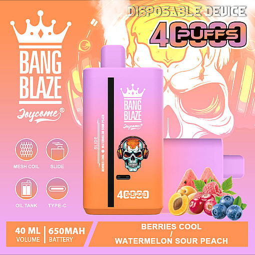 Promotional image of a disposable vaping device named Bang Blaze Joycome, featuring 4000 puffs, 40ml volume, 650mAh battery, with flavor options 'Berries Cool' and 'Watermelon Sour Peach'; colorful design illustrated with fruits and a skull graphic.