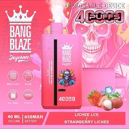 Promotional image of a pink disposable vaping device branded as 'Bang Blaze Joycome' with 40ml capacity, 650mAh battery, featuring a mesh coil, slide mechanism, oil tank, and Type-C charging, displayed alongside fresh strawberries, lychee fruit, and ice cubes on a bright pink backdrop.
