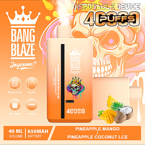 Promotional image for Bang Blaze disposable vape device featuring 40ml pineapple mango and pineapple coconut ice flavors, with a stylized skull design, orange gradient background, and details like mesh coil and USB Type-C port.