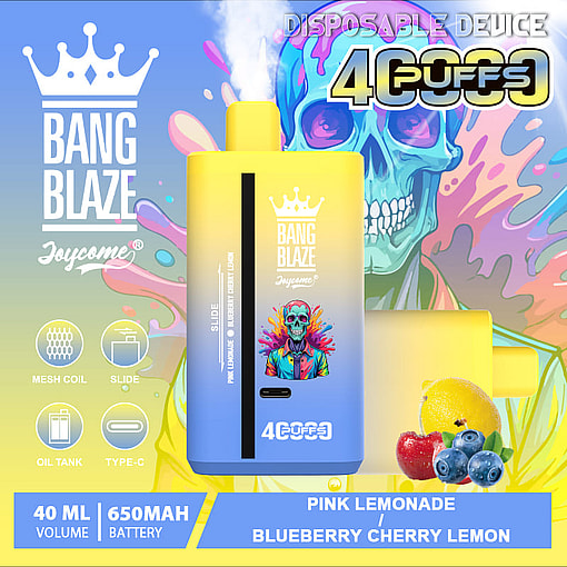 Promotional image showcasing the Bang Blaze Joycome disposable vaping device with a vibrant yellow-blue gradient design, accompanied by a colorful abstract artwork, a lemon, blueberries, cherries, and product details including 4000 puffs, 40ml volume, and 650mAh battery.