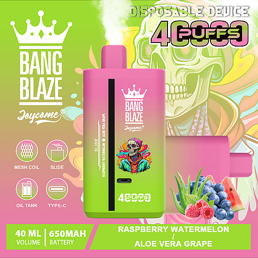 Promotional image of the Bang Blaze disposable vaping device in a pink and green design featuring artwork with text highlighting features like a 650mAh battery, 40ml volume, and flavors including Raspberry Watermelon and Aloe Vera Grape.