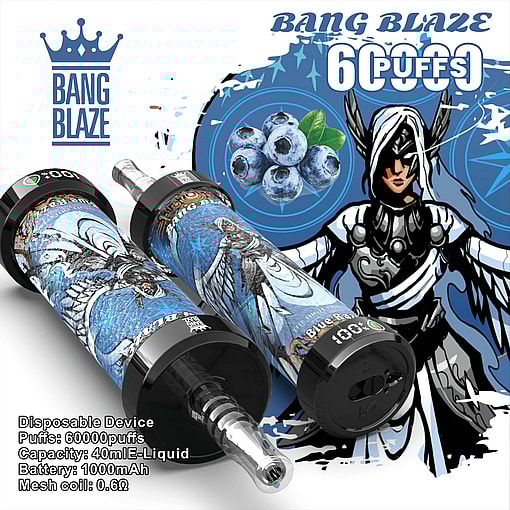 Promotional display of Bang Blaze disposable vaping device featuring blueberry flavor, illustrated blue artwork, and specified parameters such as 60000 puffs and a 1000mAh battery.