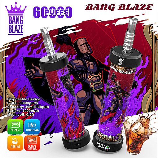 Promotional image showcasing Bang Blaze disposable vaping devices with colorful, medieval-themed designs, featuring specifications such as 6000 puffs, 40ml liquid capacity, and Type-C charging, set against a vibrant background with knights and flames.