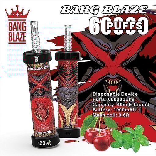 Promotional image of Bang Blaze disposable vape device showcasing features like 60,000 puffs, Cherry Mint flavor, 40ml e-liquid capacity, 1000mAh battery, and 0.6Ω mesh coil, with stylized red and black devil-themed graphics and accompanying cherry and mint illustrations.
