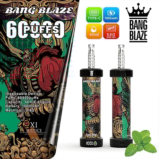 Promotional image featuring Bang Blaze disposable vaping devices with an artistic skeleton design, labeled with product specifications including 60000 puffs, 40ml e-liquid capacity, 1000mAh battery, 0.6Ω mesh coil, and Cool Mint flavor option.