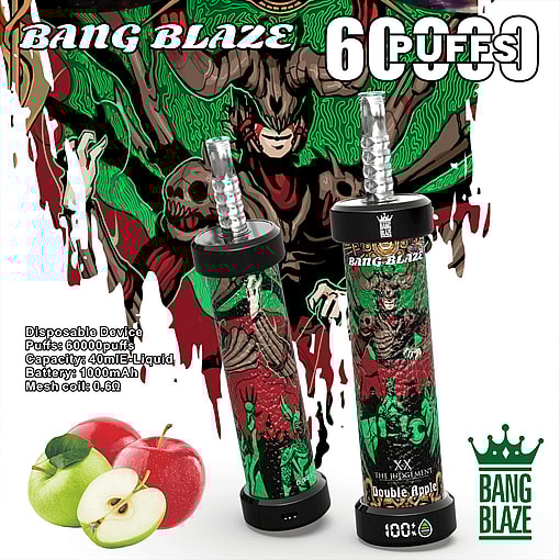 Promotional image for Bang Blaze disposable vape featuring artwork and specifications, highlighting Double Apple flavor, 6000 puffs capacity, and a 1000mAh battery, surrounded by design elements including apples and green-red themed graphics.