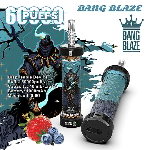 Promotional image featuring the Bang Blaze disposable vaping device with 60000 puffs, mixed berries flavor, and 1000mAh battery capacity, alongside graphical design and fruit imagery.