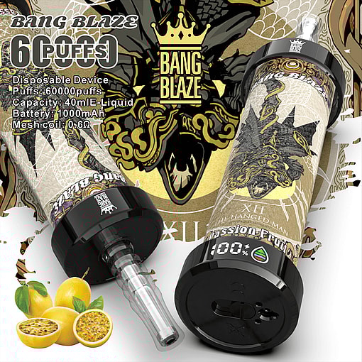 Promotional image of a Bang Blaze 6000 puffs disposable vape device with intricate design and passion fruit flavor, featuring golden branding and graphical elements.