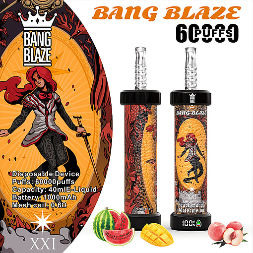 A promotional image showcasing the Bang Blaze disposable vaping device featuring vibrant artwork of a red-haired character and product specifications such as 6000 puffs, 1000mAh battery, 40ml e-liquid capacity, and peach, mango, watermelon flavor. Accompanying graphics include sliced watermelon, mango, and peach illustrations.
