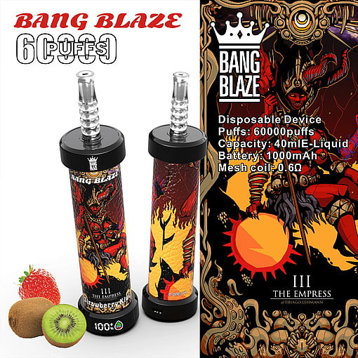 Promotional image for Bang Blaze disposable vape devices featuring detailed artwork, flavor notes of strawberry and kiwi, and specifications including 60,000 puffs, 40ml e-liquid capacity, a 1000mAh battery, and mesh coil technology.