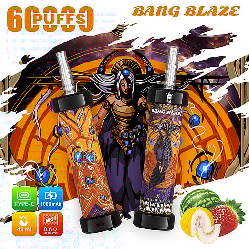 Promotional image featuring Bang Blaze e-cigarettes with a fantasy-themed illustration, offering 6000 puffs and flavors like watermelon, strawberry, and melon.