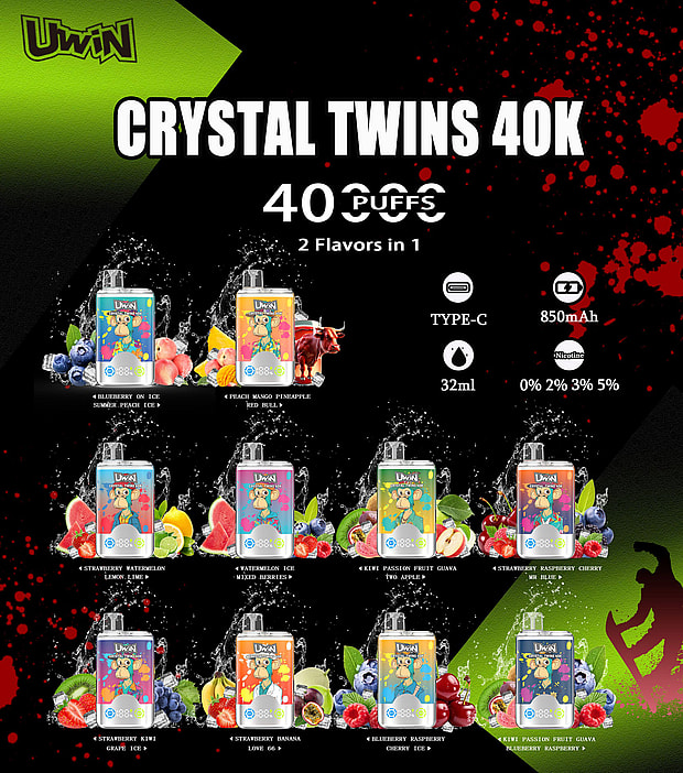 Uwin_Twins_Crystal_40000_puffs.Promotional image for Uwin Crystal Twins 40K e-liquids showcasing various flavor options, specifications such as a capacity of 32ml and 850mAh battery, Type-C charging compatibility, and offering nicotine percentages of 0%, 2%, 3%, and 5%.