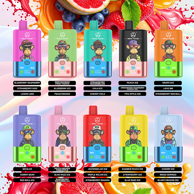 UZY 3 IN 1 60000 Puffs Display of multiple vape devices in various colors, each labeled with unique fruit and flavor names such as Blueberry Raspberry and Peach Mango, accompanied by vibrant fruit imagery in the background.
